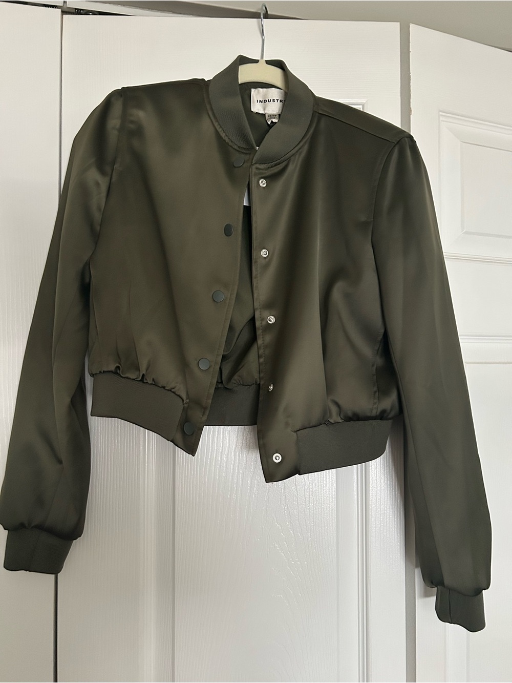 Industry Olive Green Satin Cropped Bomber Jacket - Women's